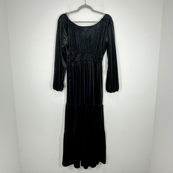 Knox Rose Black Velvet Long Sleeve Tiered Maxi Dress Size S V Neck Smocked Waist - Picture 3 of 8